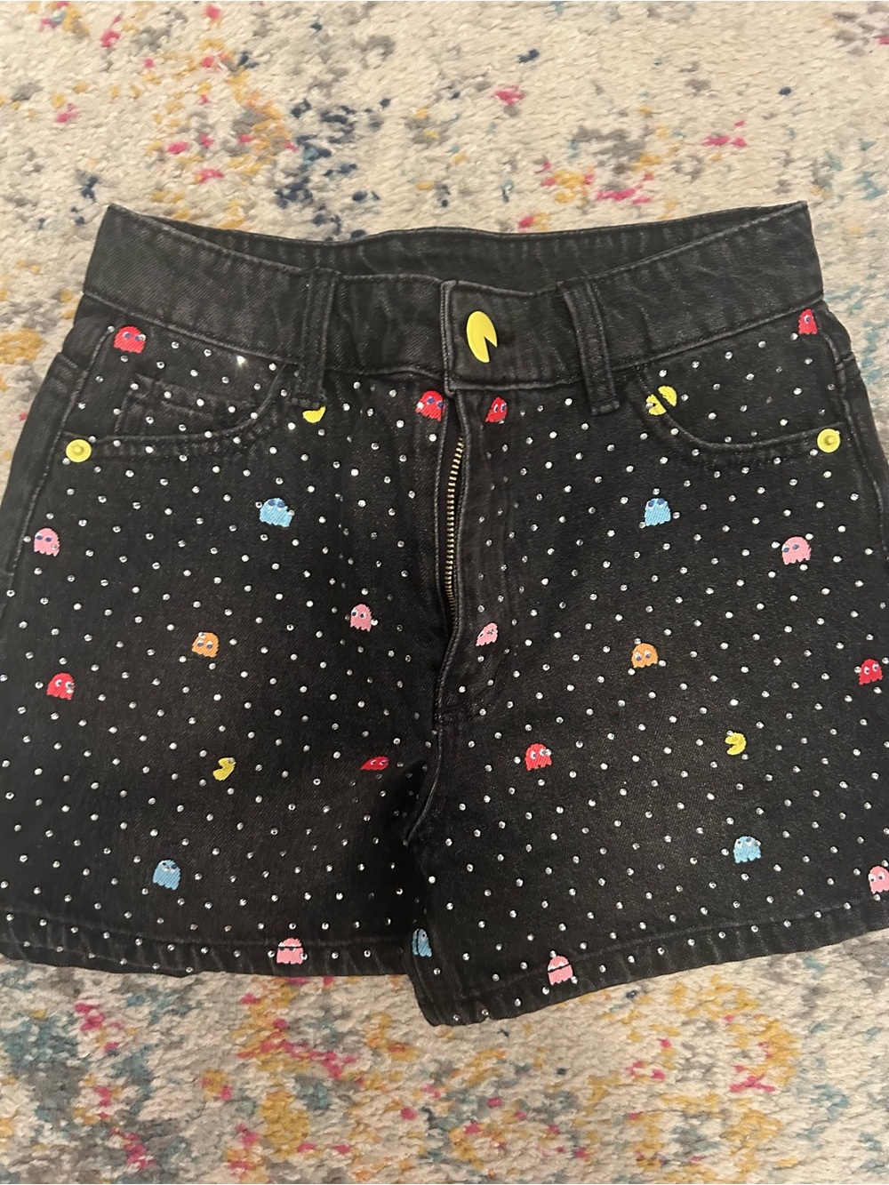 Justice Black Denim Shorts with Colorful Pac-Man & Ghost Print 12 SLIM